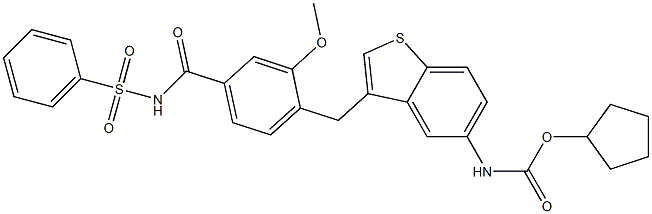 4-[5-(Cyclopentyloxycarbonylamino)-1-benzothiophen-3-ylmethyl]-3-methoxy-N-(phenylsulfonyl)benzamide Struktur