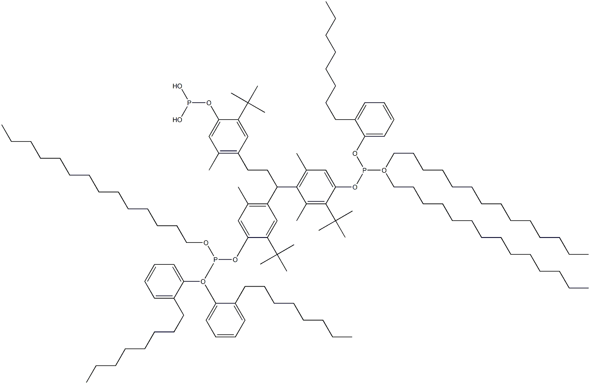 [3-Methyl-1,1,3-propanetriyltris(2-tert-butyl-5-methyl-4,1-phenyleneoxy)]tris(phosphonous acid)O,O',O'-tritetradecyl O,O'',O''-tris(2-octylphenyl) ester Struktur