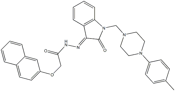 (2-Naphtyloxy)acetic acid N'-[2-oxo-1-[4-(p-tolyl)piperazinomethyl]indolin-3-ylidene] hydrazide Struktur