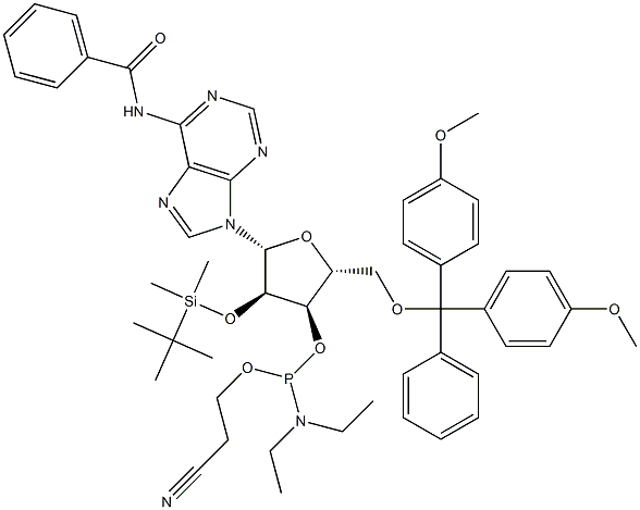 N-Benzoyl-5'-O-(4,4'-dimethoxytrityl)-2'-O-(tert-butyldimethylsilyl)adenosine 3'-[diethylaminophosphonous acid (2-cyanoethyl)] ester Struktur