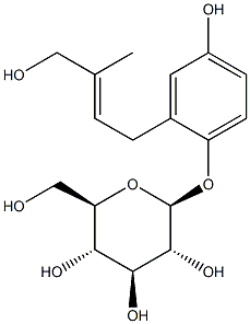 1-O-beta-glucopyranosyl--1,4-dihydroxy-2-(3'-hydroxymethyl-3'-methylallyl)benzene Struktur