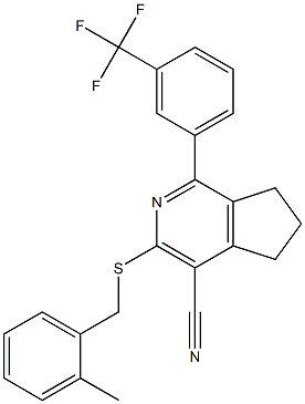 3-[(2-methylbenzyl)sulfanyl]-1-[3-(trifluoromethyl)phenyl]-6,7-dihydro-5H-cyclopenta[c]pyridine-4-carbonitrile Struktur