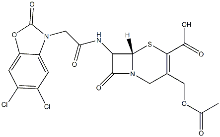 7-[[[(2,3-Dihydro-2-oxo-5,6-dichlorobenzoxazol)-3-yl]acetyl]amino]-3-(acetyloxymethyl)cepham-3-ene-4-carboxylic acid Struktur