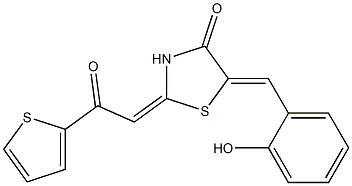 5-(2-hydroxybenzylidene)-2-[2-oxo-2-(2-thienyl)ethylidene]-1,3-thiazolan-4-one Struktur