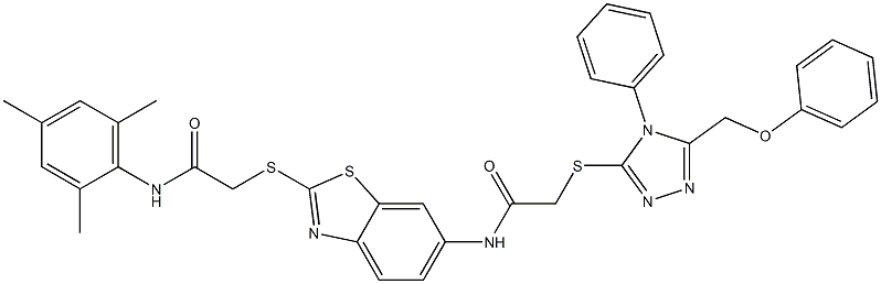 N-(2-{[2-(mesitylamino)-2-oxoethyl]sulfanyl}-1,3-benzothiazol-6-yl)-2-{[5-(phenoxymethyl)-4-phenyl-4H-1,2,4-triazol-3-yl]sulfanyl}acetamide Struktur