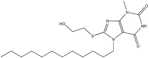 7-dodecyl-8-[(2-hydroxyethyl)sulfanyl]-3-methyl-3,7-dihydro-1H-purine-2,6-dione Struktur