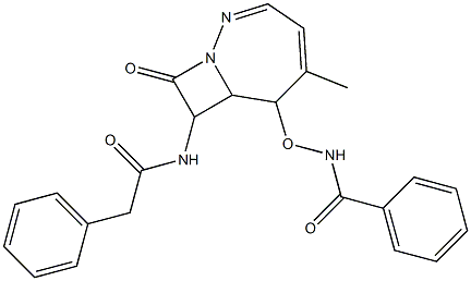 N-({5-methyl-9-oxo-8-[(phenylacetyl)amino]-1,2-diazabicyclo[5.2.0]nona-2,4-dien-6-yl}oxy)benzamide Struktur