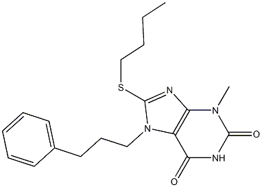 8-(butylsulfanyl)-3-methyl-7-(3-phenylpropyl)-3,7-dihydro-1H-purine-2,6-dione Struktur