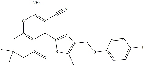 2-amino-4-{4-[(4-fluorophenoxy)methyl]-5-methyl-2-thienyl}-7,7-dimethyl-5-oxo-5,6,7,8-tetrahydro-4H-chromene-3-carbonitrile Struktur