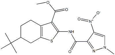 methyl 6-tert-butyl-2-[({4-nitro-1-methyl-1H-pyrazol-3-yl}carbonyl)amino]-4,5,6,7-tetrahydro-1-benzothiophene-3-carboxylate Struktur