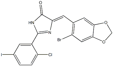 5-[(6-bromo-1,3-benzodioxol-5-yl)methylene]-2-(2-chloro-5-iodophenyl)-3,5-dihydro-4H-imidazol-4-one Struktur