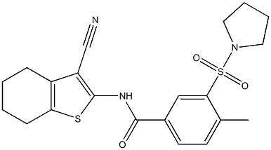 N-(3-cyano-4,5,6,7-tetrahydro-1-benzothien-2-yl)-4-methyl-3-(pyrrolidin-1-ylsulfonyl)benzamide Struktur