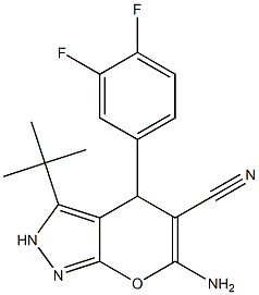 6-amino-4-(3,4-difluorophenyl)-3-(1,1-dimethylethyl)-2,4-dihydropyrano[2,3-c]pyrazole-5-carbonitrile Struktur