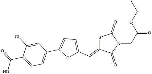 2-chloro-4-(5-{[3-(2-ethoxy-2-oxoethyl)-2,4-dioxo-1,3-thiazolidin-5-ylidene]methyl}-2-furyl)benzoic acid Struktur