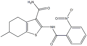 2-({2-nitrobenzoyl}amino)-6-methyl-4,5,6,7-tetrahydro-1-benzothiophene-3-carboxamide Struktur