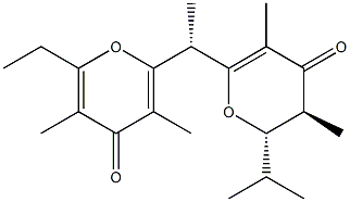 (5S,6S)-3,5-Dimethyl-6-isopropyl-2-[(R)-1-(3,5-dimethyl-6-ethyl-4-oxo-4H-pyran-2-yl)ethyl]-5,6-dihydro-4H-pyran-4-one Struktur