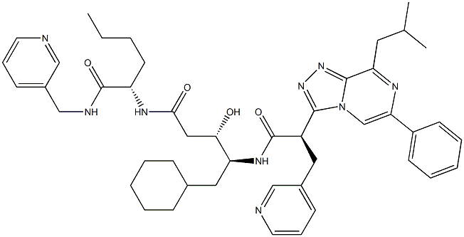 (2S)-2-[[(3S,4S)-4-[[(2R)-2-(8-Isobutyl-6-phenyl-1,2,4-triazolo[4,3-a]pyrazin-3-yl)-3-(3-pyridinyl)propanoyl]amino]-5-cyclohexyl-3-hydroxypentanoyl]amino]-N-(3-pyridinylmethyl)-5-methylpentanamide Struktur