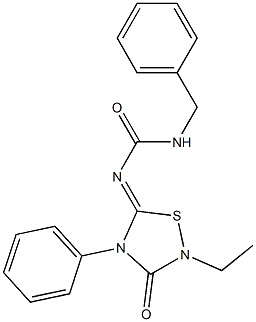 2-Ethyl-4-phenyl-5-[(benzylcarbamoyl)imino]-1,2,4-thiadiazolidin-3-one Structure