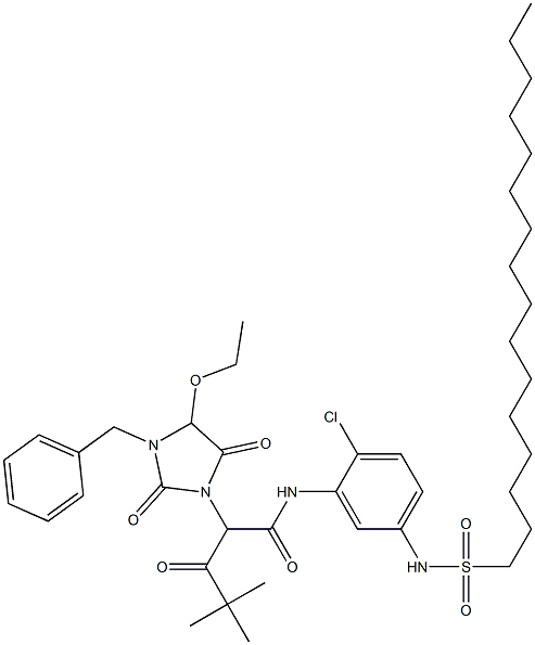 N-[2-Chloro-5-(hexadecylsulfonylamino)phenyl]-2-(3-benzyl-4-ethoxy-2,5-dioxoimidazolidin-1-yl)-4,4-dimethyl-3-oxopentanamide Struktur