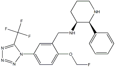 (2S,3S)-N-[[2-(fluoromethoxy)-5-[5-(trifluoromethyl)tetrazol-1-yl]phenyl]methyl]-2-phenyl-piperidin-3-amine Struktur