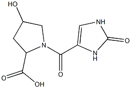 4-hydroxy-1-[(2-oxo-2,3-dihydro-1H-imidazol-4-yl)carbonyl]pyrrolidine-2-carboxylic acid Struktur