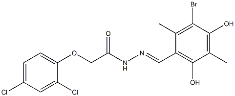 N'-(3-bromo-4,6-dihydroxy-2,5-dimethylbenzylidene)-2-(2,4-dichlorophenoxy)acetohydrazide Struktur