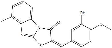 2-(3-hydroxy-4-methoxybenzylidene)-8-methyl[1,3]thiazolo[3,2-a]benzimidazol-3(2H)-one Struktur