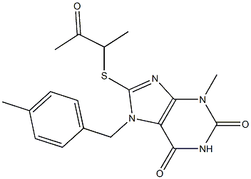 3-methyl-8-[(1-methyl-2-oxopropyl)sulfanyl]-7-[(4-methylphenyl)methyl]-3,7-dihydro-1H-purine-2,6-dione Struktur