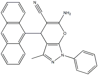 6-amino-4-(9-anthryl)-3-methyl-1-phenyl-1,4-dihydropyrano[2,3-c]pyrazole-5-carbonitrile Struktur