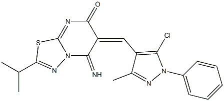 6-[(5-chloro-3-methyl-1-phenyl-1H-pyrazol-4-yl)methylene]-5-imino-2-isopropyl-5,6-dihydro-7H-[1,3,4]thiadiazolo[3,2-a]pyrimidin-7-one Struktur