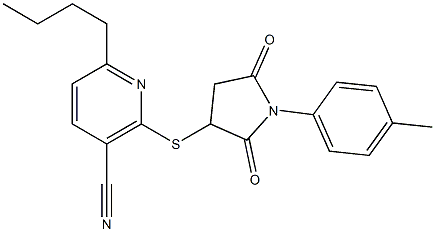 6-butyl-2-{[1-(4-methylphenyl)-2,5-dioxo-3-pyrrolidinyl]sulfanyl}nicotinonitrile Struktur