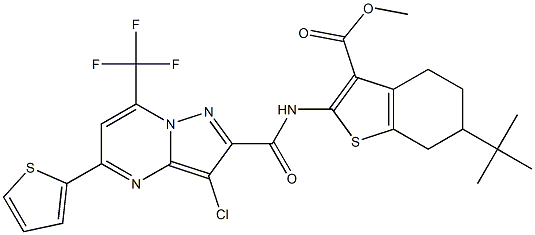 methyl 6-tert-butyl-2-({[3-chloro-5-(2-thienyl)-7-(trifluoromethyl)pyrazolo[1,5-a]pyrimidin-2-yl]carbonyl}amino)-4,5,6,7-tetrahydro-1-benzothiophene-3-carboxylate Struktur