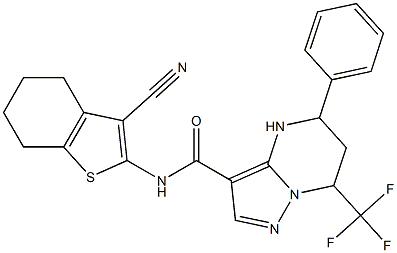 N-(3-cyano-4,5,6,7-tetrahydro-1-benzothien-2-yl)-5-phenyl-7-(trifluoromethyl)-4,5,6,7-tetrahydropyrazolo[1,5-a]pyrimidine-3-carboxamide Struktur