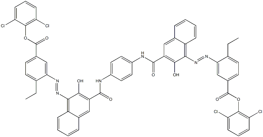 1,4-Bis[1-[[2-ethyl-5-(2,6-dichlorophenoxycarbonyl)phenyl]azo]-2-hydroxy-3-naphthoylamino]benzene Struktur