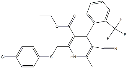 5-Cyano-1,4-dihydro-6-methyl-2-[(4-chlorophenylthio)methyl]-4-(2-trifluoromethylphenyl)pyridine-3-carboxylic acid ethyl ester Struktur