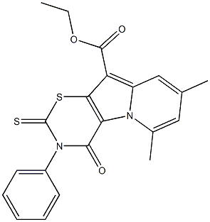 3,4-Dihydro-4-oxo-2-thioxo-6,8-dimethyl-3-phenyl-2H-1,3-thiazino[6,5-b]indolizine-10-carboxylic acid ethyl ester Struktur