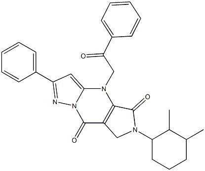 6,7-Dihydro-6-(2,3-dimethylcyclohexyl)-4-(2-oxo-2-phenylethyl)-2-phenyl-4H-1,4,6,8a-tetraaza-s-indacene-5,8-dione Struktur