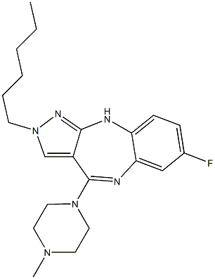 2-Hexyl-4-(4-methylpiperazin-1-yl)-7-fluoro-2,10-dihydropyrazolo[3,4-b][1,5]benzodiazepine Struktur