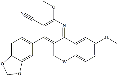 9-Methoxy-2-methoxy-4-[3,4-(methylenebisoxy)phenyl]-5H-[1]benzothiopyrano[4,3-b]pyridine-3-carbonitrile Struktur