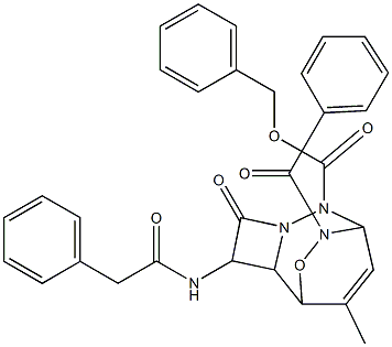 benzyl 8-benzoyl-10-methyl-4-oxo-3-[(phenylacetyl)amino]-9-oxa-5,6,8-triazatricyclo[5.2.2.0~2,5~]undec-10-ene-6-carboxylate Struktur