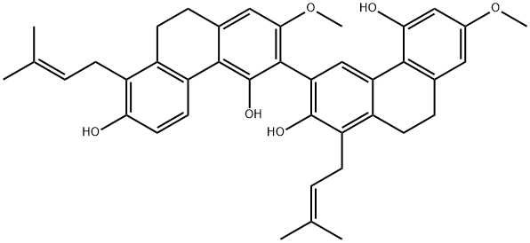 9,9',10,10'-Tetrahydro-2',7-dimethoxy-1,8'-bis(3-methyl-2-butenyl)-3,3'-biphenanthrene Struktur