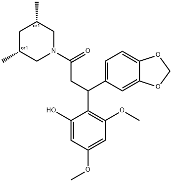 3-(1,3-Benzodioxol-5-yl)-1-(cis-3,5-dimethyl-1-piperidinyl)-3-(2-hydroxy-4,6-dimethoxyphenyl)-1-propanone Struktur