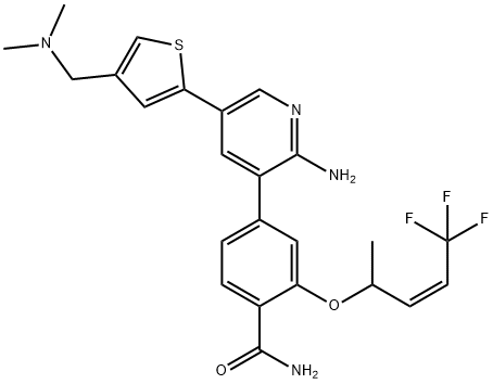 4-[2-Amino-5-[4-[(dimethylamino)methyl]-2-thienyl]-3-pyridinyl]-2-[[(2Z)-4,4,4-trifluoro-1-methyl-2-buten-1-yl]oxy]benzamide Struktur