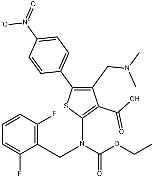 2-((2,6-difluorobenzyl)(ethoxycarbonyl)amino)-4-((dimethylamino)methyl)-5-(4-nitrophenyl)thiophene-3-carboxylic acid Struktur