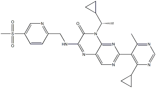 8-((S)-1-Cyclopropyl-ethyl)-2-(4-cyclopropyl-6-methyl-pyrimidin-5-yl)-6-[(5-methanesulfonyl-pyridin-2-ylmethyl)-amino]-8H-pteridin-7-one Struktur