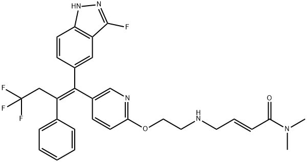 2-Butenamide, N,N-dimethyl-4-[[2-[[5-[(1Z)-4,4,4-trifluoro-1-(3-fluoro-1H-indazol-5-yl)-2-phenyl-1-buten-1-yl]-2-pyridinyl]oxy]ethyl]amino]-, (2E)- Struktur