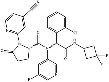 (S)-N-((R)-1-(2-chlorophenyl)-2-((3,3-difluorocyclobutyl)amino)-2-oxoethyl)-1-(4-cyanopyridin-2-yl)-N-(5-fluoropyridin-3-yl)-5-oxopyrrolidine-2-carboxamide Struktur