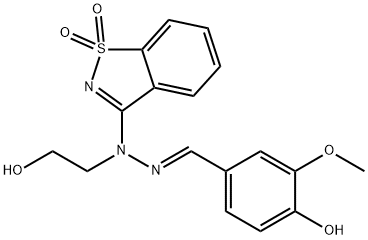 (E)-3-(2-(4-hydroxy-3-methoxybenzylidene)-1-(2-hydroxyethyl)hydrazinyl)benzo[d]isothiazole 1,1-dioxide Struktur