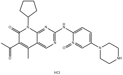 2-((6-acetyl-8-cyclopentyl-5-methyl-7-oxo-7,8-dihydropyrido[2,3-d]pyrimidin-2-yl)amino)-5-(piperazin-1-yl)pyridine 1-oxide Struktur