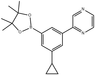 2-(3-cyclopropyl-5-(4,4,5,5-tetramethyl-1,3,2-dioxaborolan-2-yl)phenyl)pyrazine Struktur